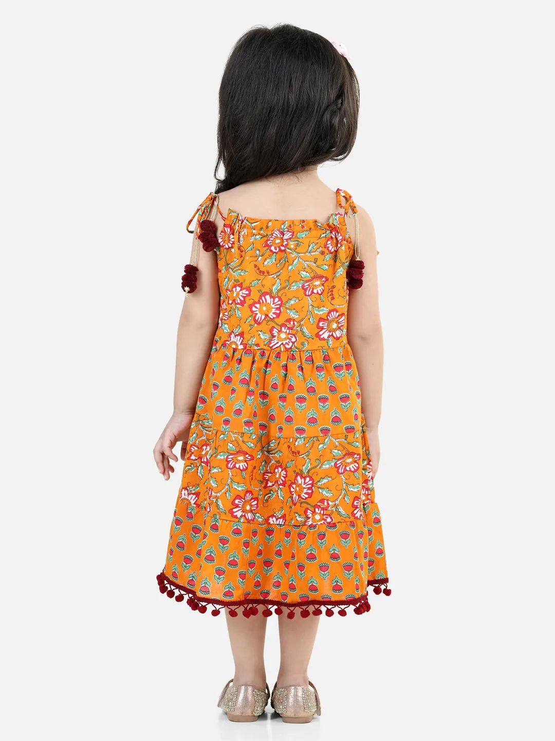 100% Cotton Printed Tier Frock For Girls- Yellow