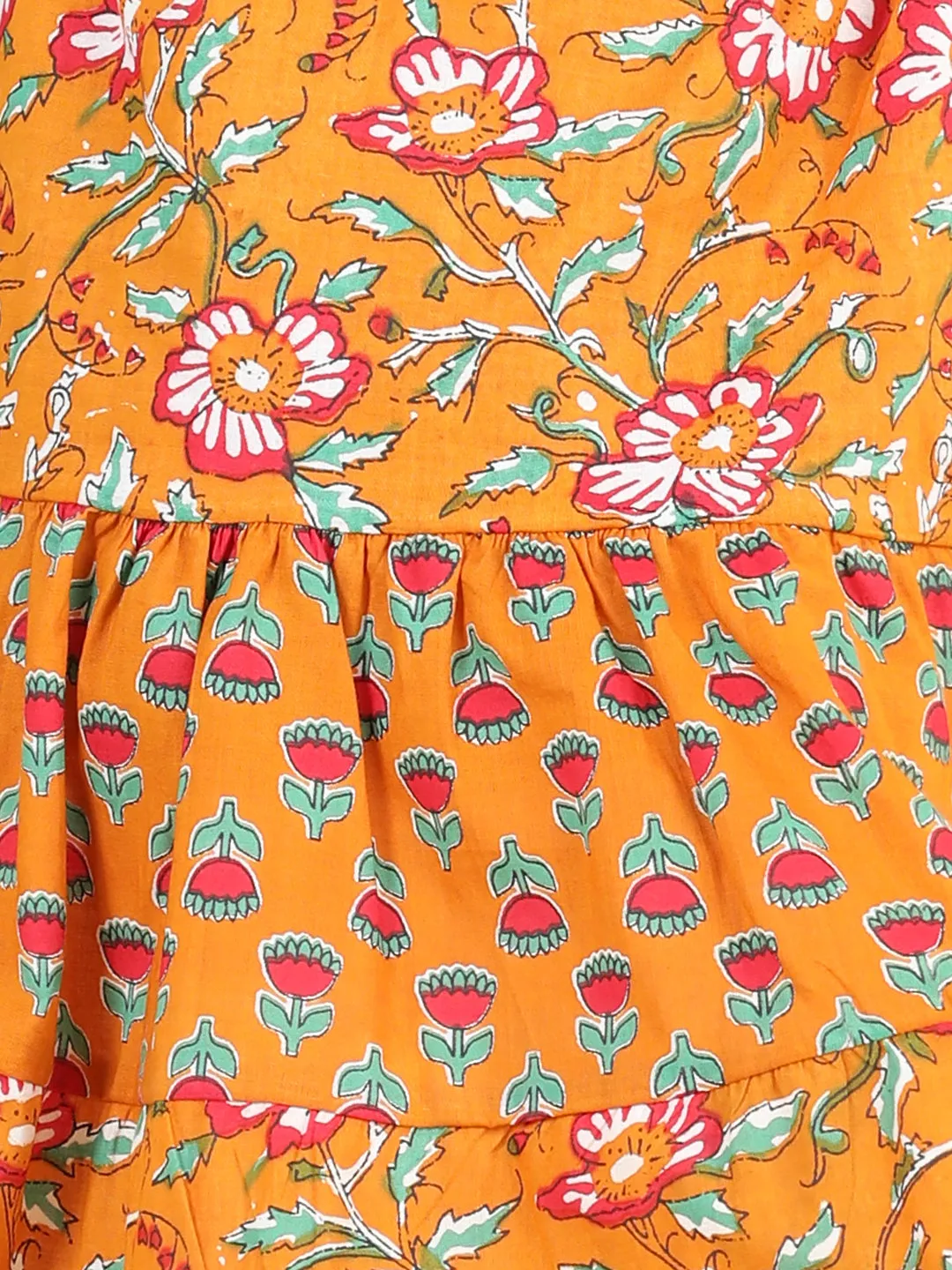 100% Cotton Printed Tier Frock For Girls- Yellow