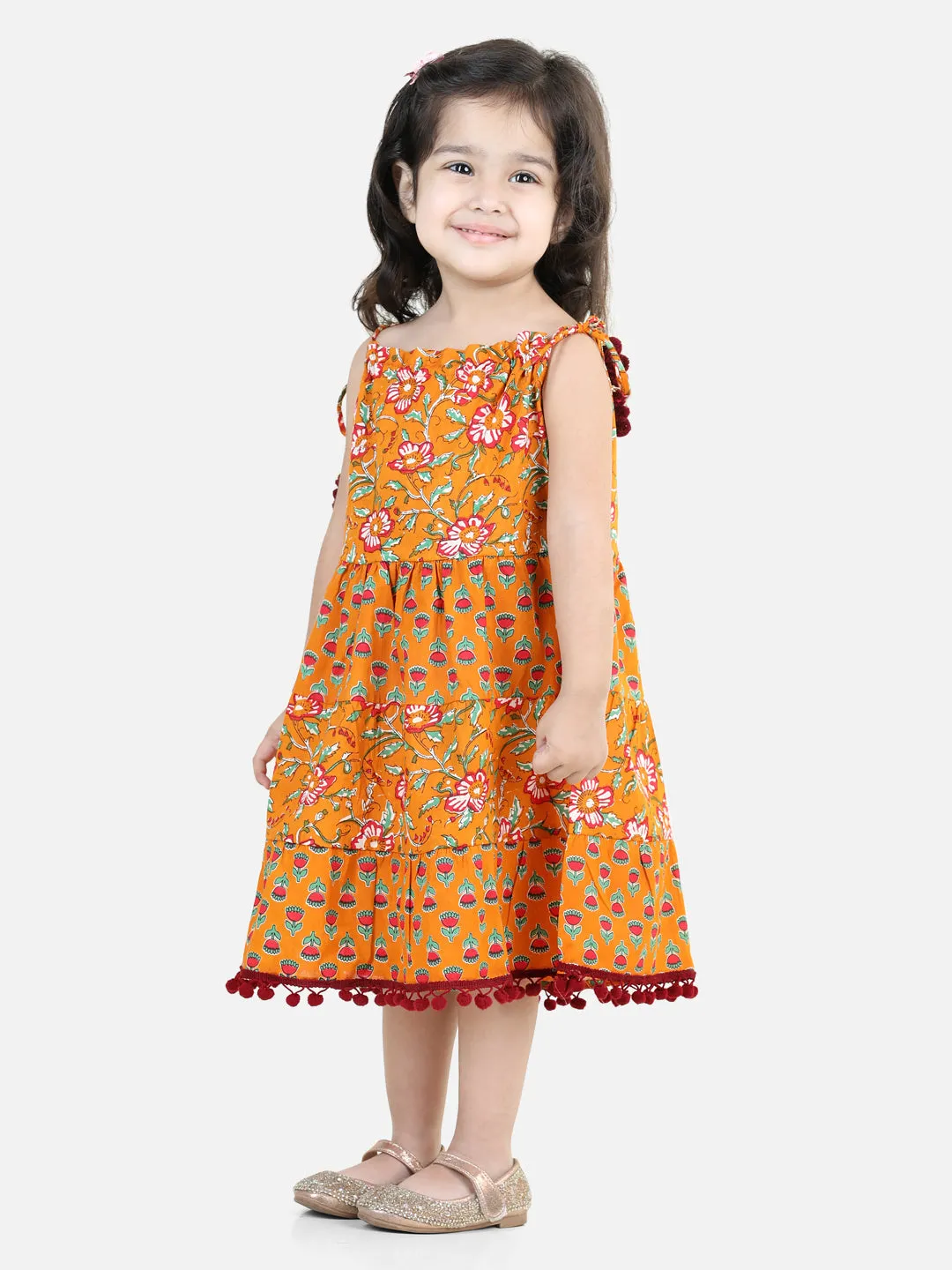 100% Cotton Printed Tier Frock For Girls- Yellow