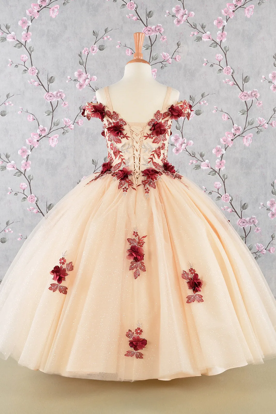 3-D Flower Embroidery Bead Mesh Kids Dress GLGK115