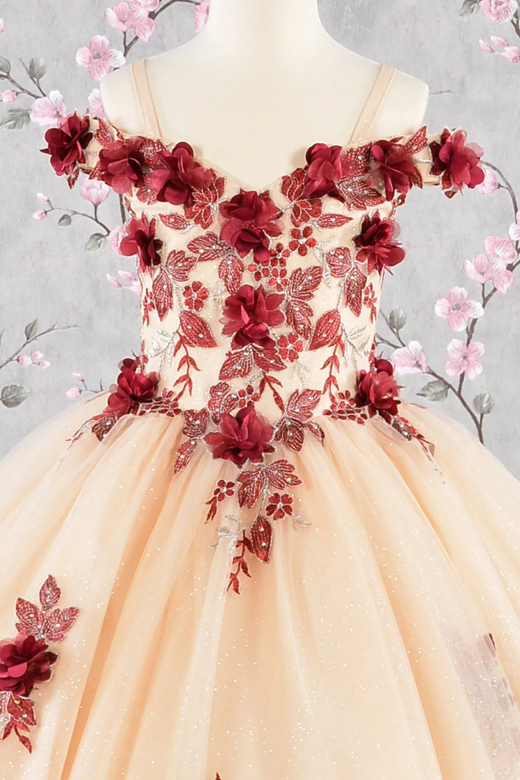 3-D Flower Embroidery Bead Mesh Kids Dress GLGK115