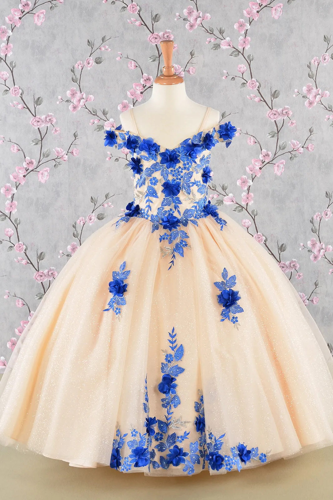 3-D Flower Embroidery Bead Mesh Kids Dress GLGK115