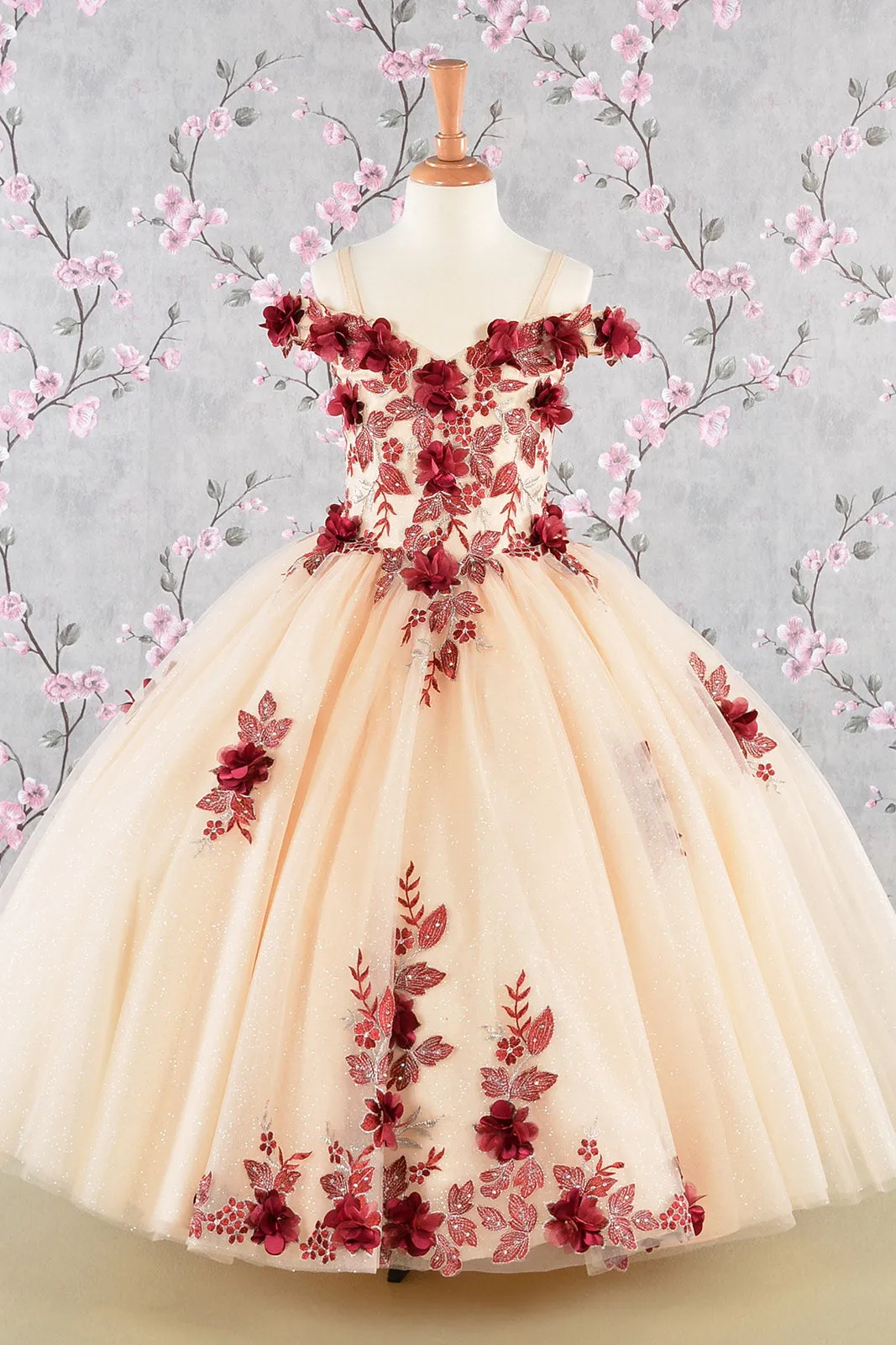 3-D Flower Embroidery Bead Mesh Kids Dress GLGK115