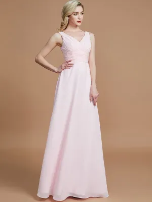 A-Line Sleeveless Floor-Length Chiffon V-neck Bridesmaid Dresses