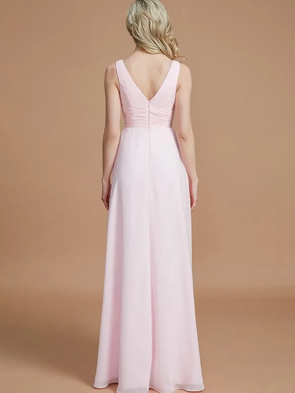 A-Line Sleeveless Floor-Length Chiffon V-neck Bridesmaid Dresses