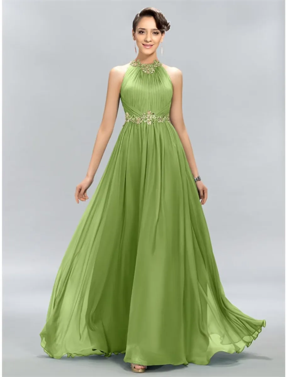A-Line Wedding Guest Dresses Maxi Dress Party Wear Floor Length Sleeveless Halter Chiffon with Ruched Appliques