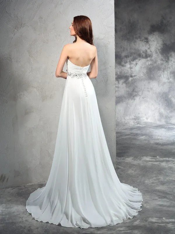 A-Line/Princess Sweetheart Pleats Sleeveless Long Chiffon Wedding Dresses