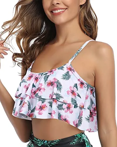 Adjustable Bra Style Women Flounce Swimsuit Top-White And Pink Floral