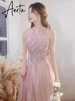 Aiertu Elegant Pink Celebrity Dress Sequins Beading Halter With Tassel Sleeve A Line Exquisite Floor Length Prom Evening Gowns 2024 New