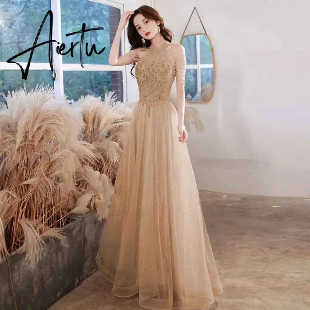Aiertu Elegant Pink Celebrity Dress Sequins Beading Halter With Tassel Sleeve A Line Exquisite Floor Length Prom Evening Gowns 2024 New