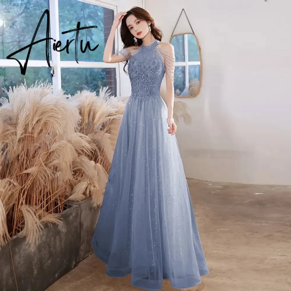 Aiertu Elegant Pink Celebrity Dress Sequins Beading Halter With Tassel Sleeve A Line Exquisite Floor Length Prom Evening Gowns 2024 New