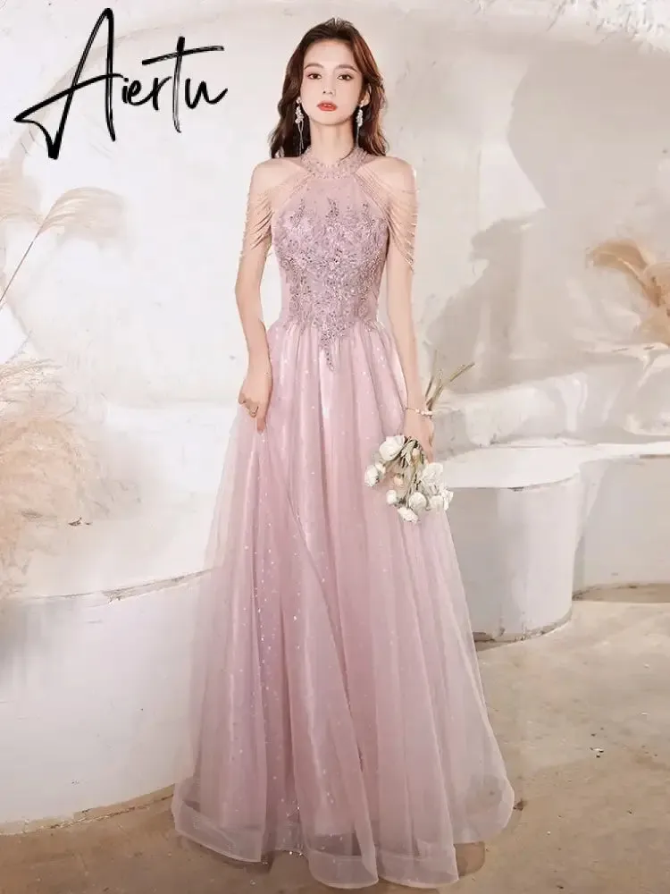 Aiertu Elegant Pink Celebrity Dress Sequins Beading Halter With Tassel Sleeve A Line Exquisite Floor Length Prom Evening Gowns 2024 New