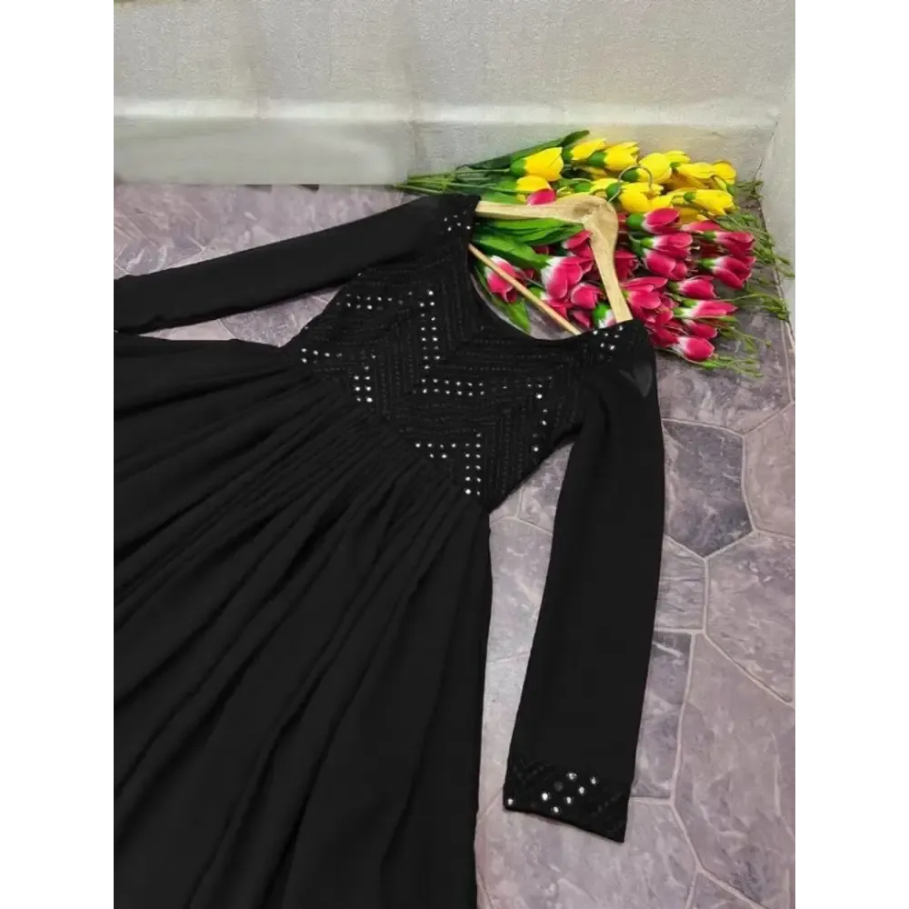 Alluring Black Heavy Faux Georgette Embroidered Mirror Work Stitched Gown For Women