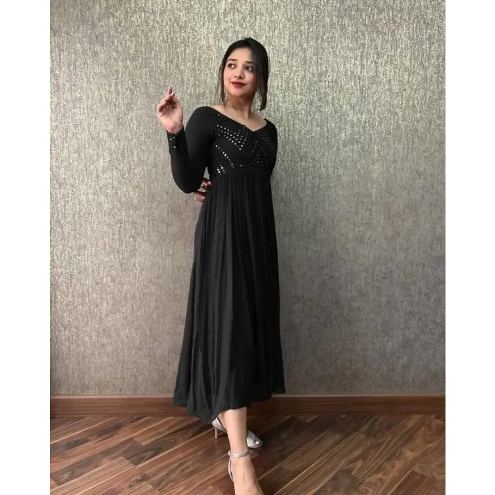 Alluring Black Heavy Faux Georgette Embroidered Mirror Work Stitched Gown For Women