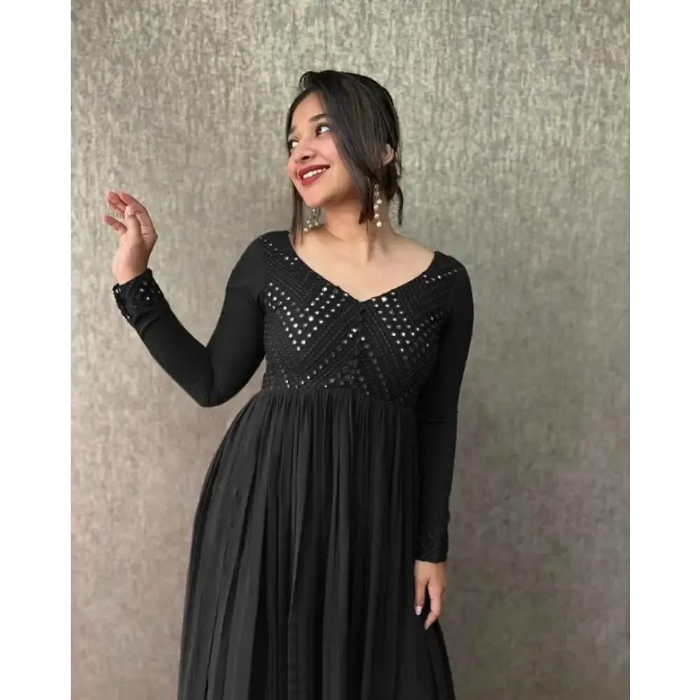 Alluring Black Heavy Faux Georgette Embroidered Mirror Work Stitched Gown For Women