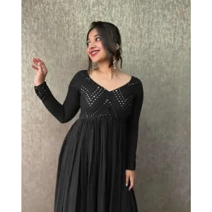 Alluring Black Heavy Faux Georgette Embroidered Mirror Work Stitched Gown For Women