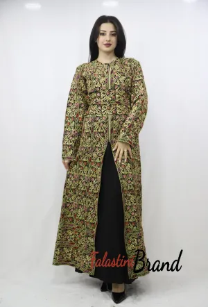 Amazing Metallic Golden and pink Threads Palestinian Embroidered Thobe Dress Long Sleeve