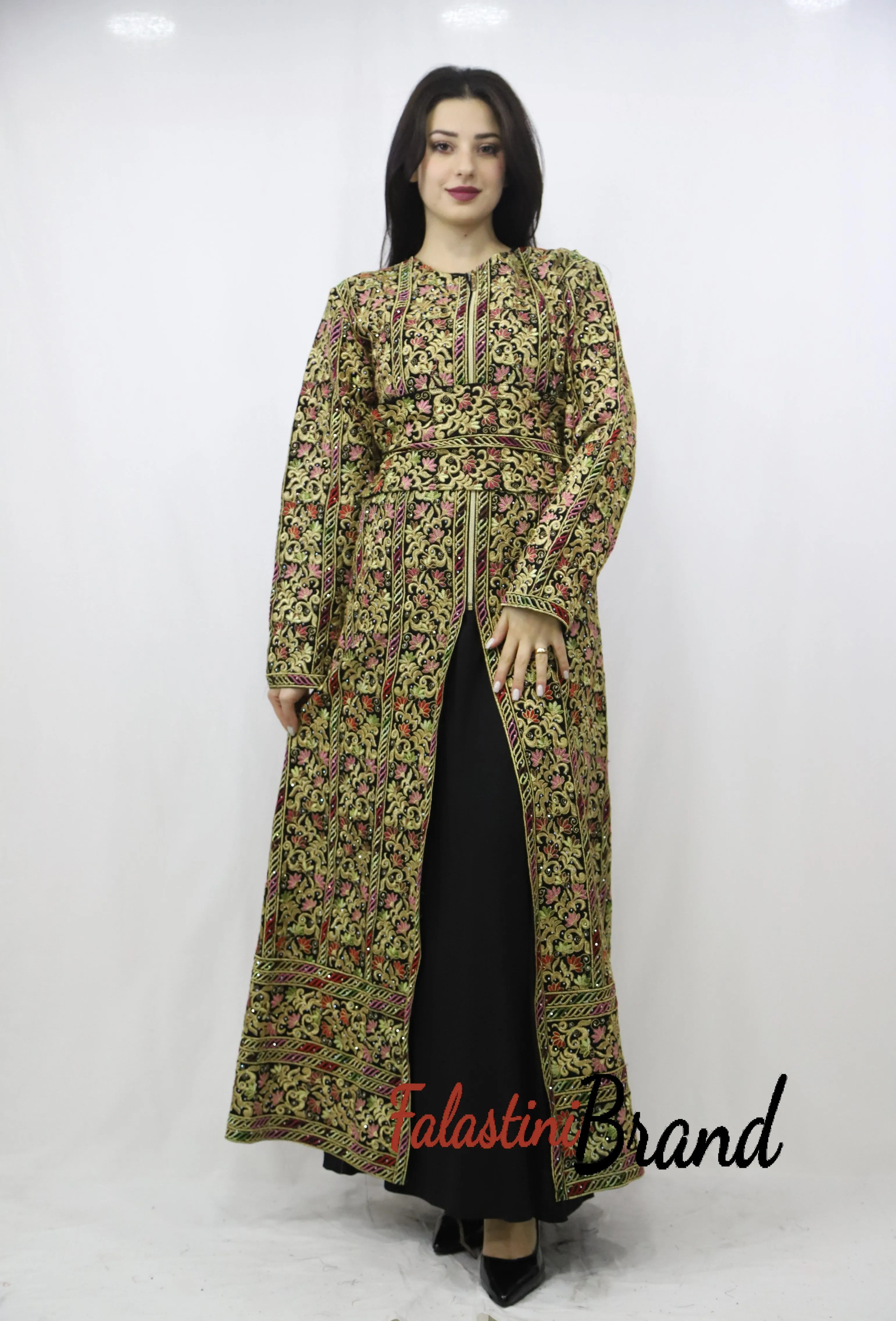 Amazing Metallic Golden and pink Threads Palestinian Embroidered Thobe Dress Long Sleeve