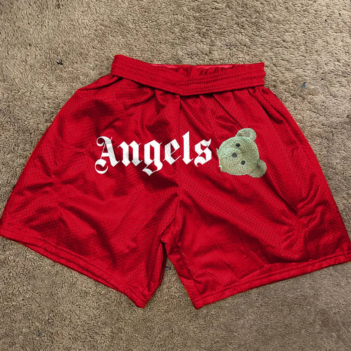 Angel Print Vintage Mesh Track Shorts