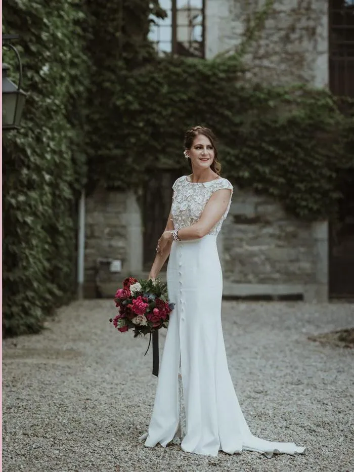 Anneprom See Through Boho Wedding Gowns Bateau Sheath Cap Sleeve Rustic Bridal Dress APW0370