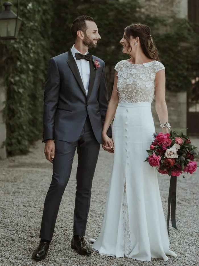 Anneprom See Through Boho Wedding Gowns Bateau Sheath Cap Sleeve Rustic Bridal Dress APW0370