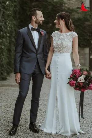 Anneprom See Through Boho Wedding Gowns Bateau Sheath Cap Sleeve Rustic Bridal Dress APW0370
