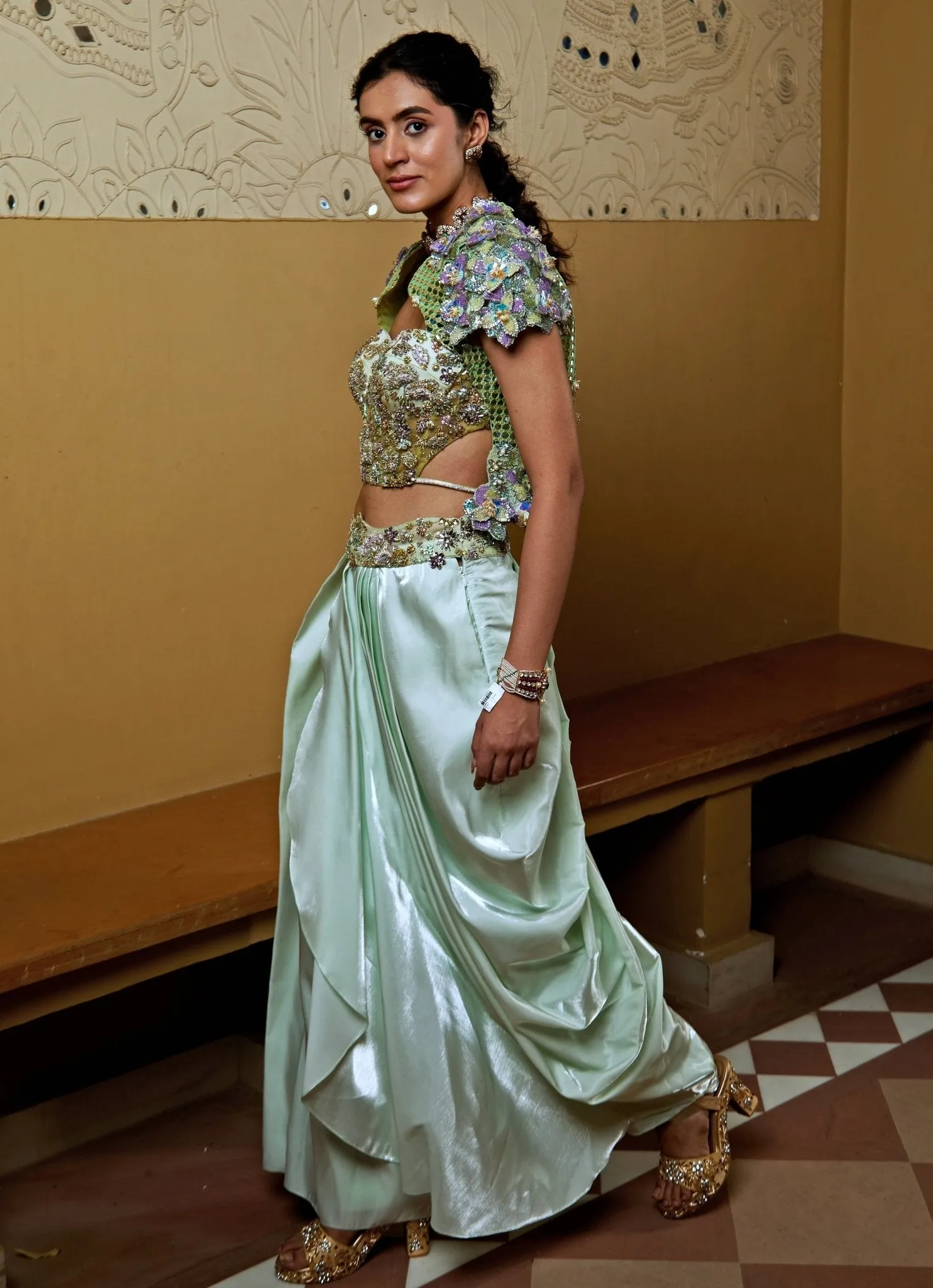 Aqua Blue Draped Pant Set With Embroidered Blouse