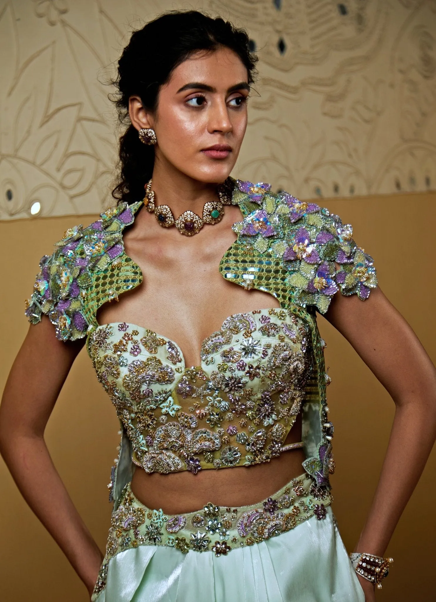 Aqua Blue Draped Pant Set With Embroidered Blouse