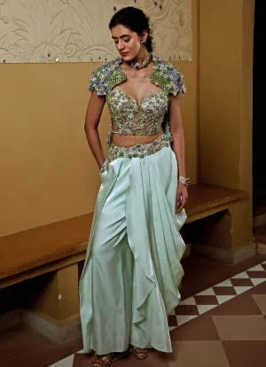 Aqua Blue Draped Pant Set With Embroidered Blouse