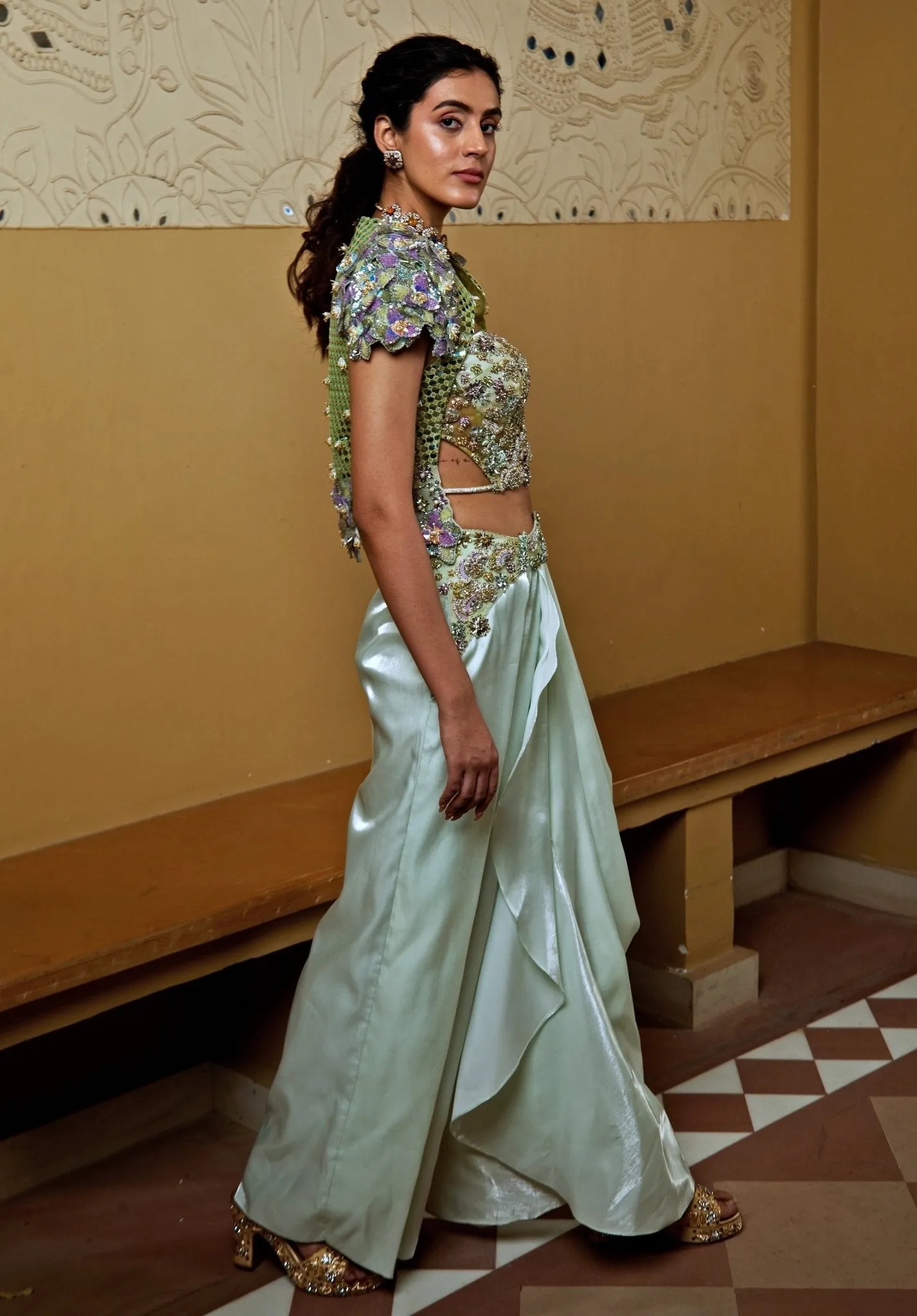 Aqua Blue Draped Pant Set With Embroidered Blouse