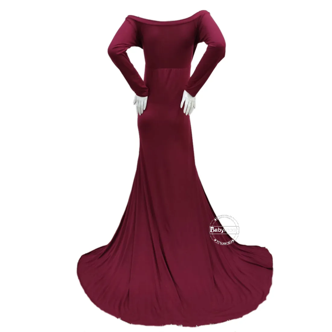 Babymoon Off Shoulder Full Sleeve Maternity Gown Dress - Maroon