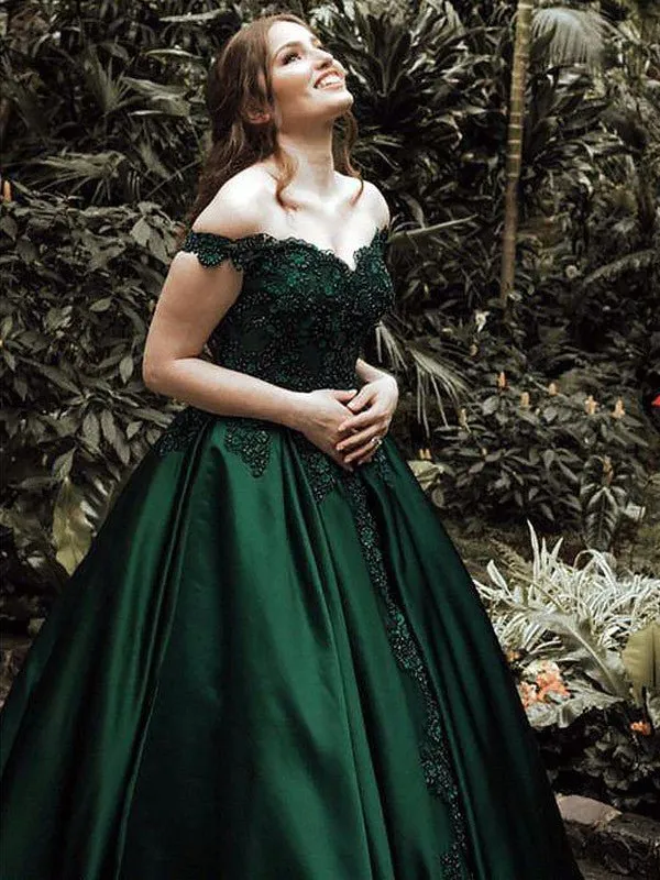 Ball Gown Off-the-Shoulder Sleeveless Floor-Length Lace Satin Dresses