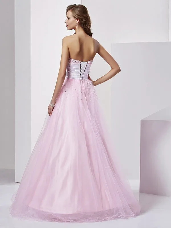 Ball Gown Strapless Sleeveless Beading Long Elastic Woven Satin Quinceanera Dresses
