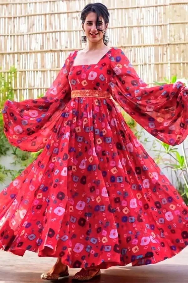 Balloon Sleeves Floral Gown For Women 2022