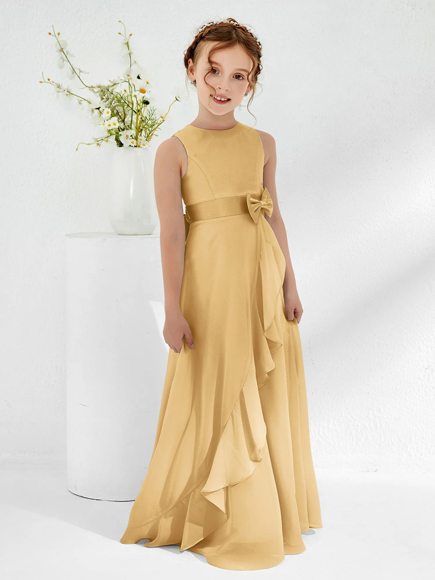 Bateau Neckline Ruffle Junior Bridesmaid Gowns Gold