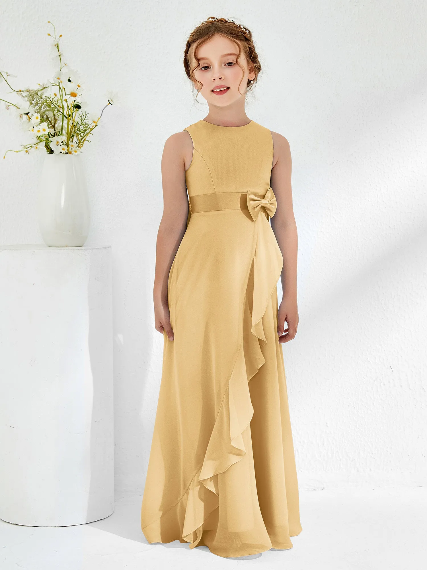 Bateau Neckline Ruffle Junior Bridesmaid Gowns Gold
