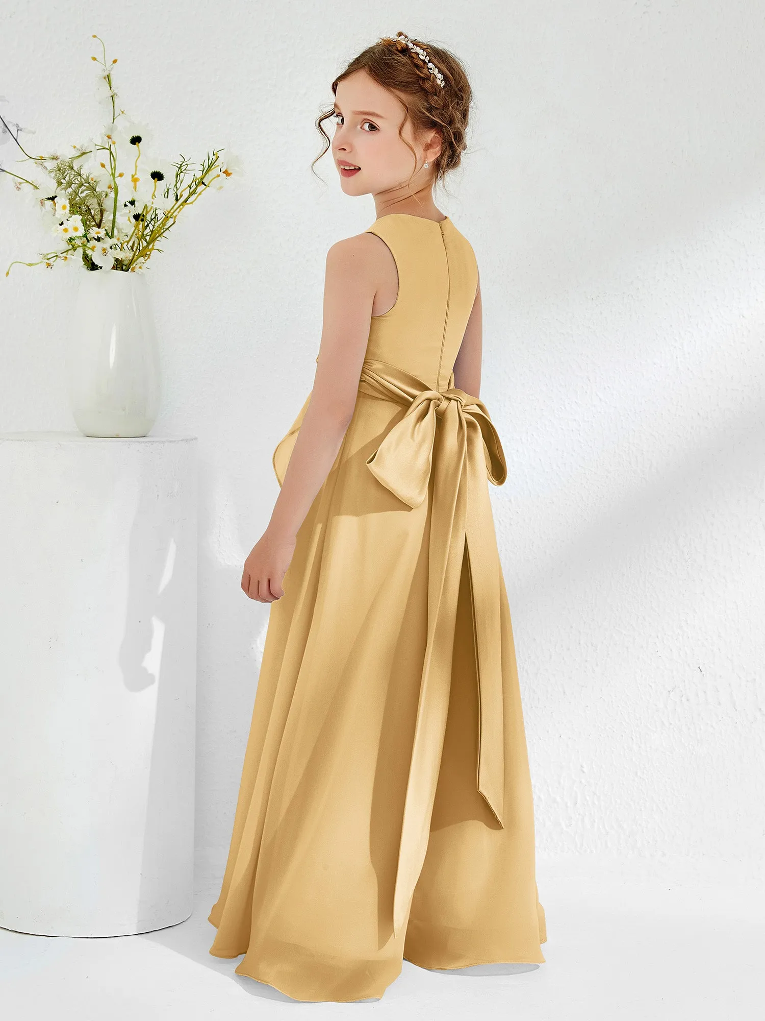 Bateau Neckline Ruffle Junior Bridesmaid Gowns Gold