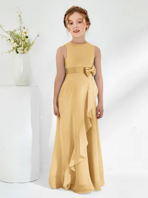 Bateau Neckline Ruffle Junior Bridesmaid Gowns Gold