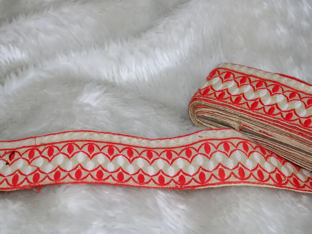 Beige Orange Thread Work Embroidered Border