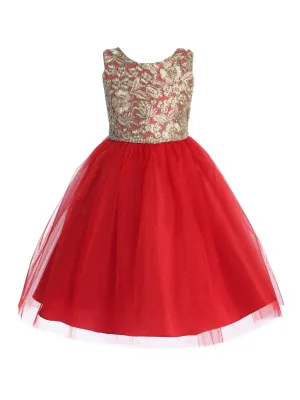Big Girls Multi Color Gold Embroidered Lace V Back & Bow Christmas Plus Size Dress 14.5-20.5