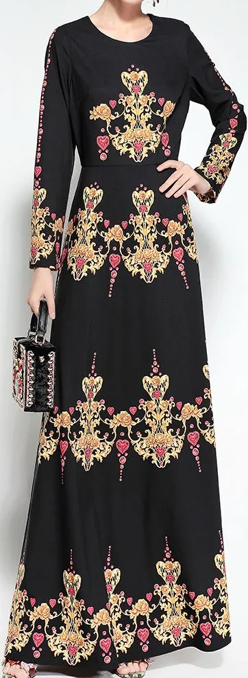 Black Long-Sleeve Printed Gown