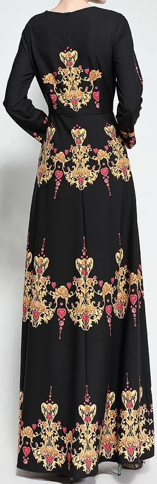 Black Long-Sleeve Printed Gown
