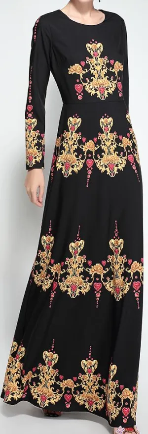 Black Long-Sleeve Printed Gown
