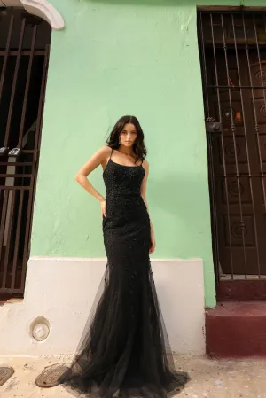 Black Tulle Embroidered Evening Gown
