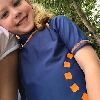 Blue/ orange short-sleeved rash top (zipped)