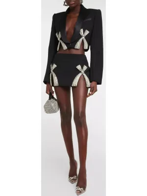 Bow-Embroidered Cropped Blazer and Mini Skirt Set in Black
