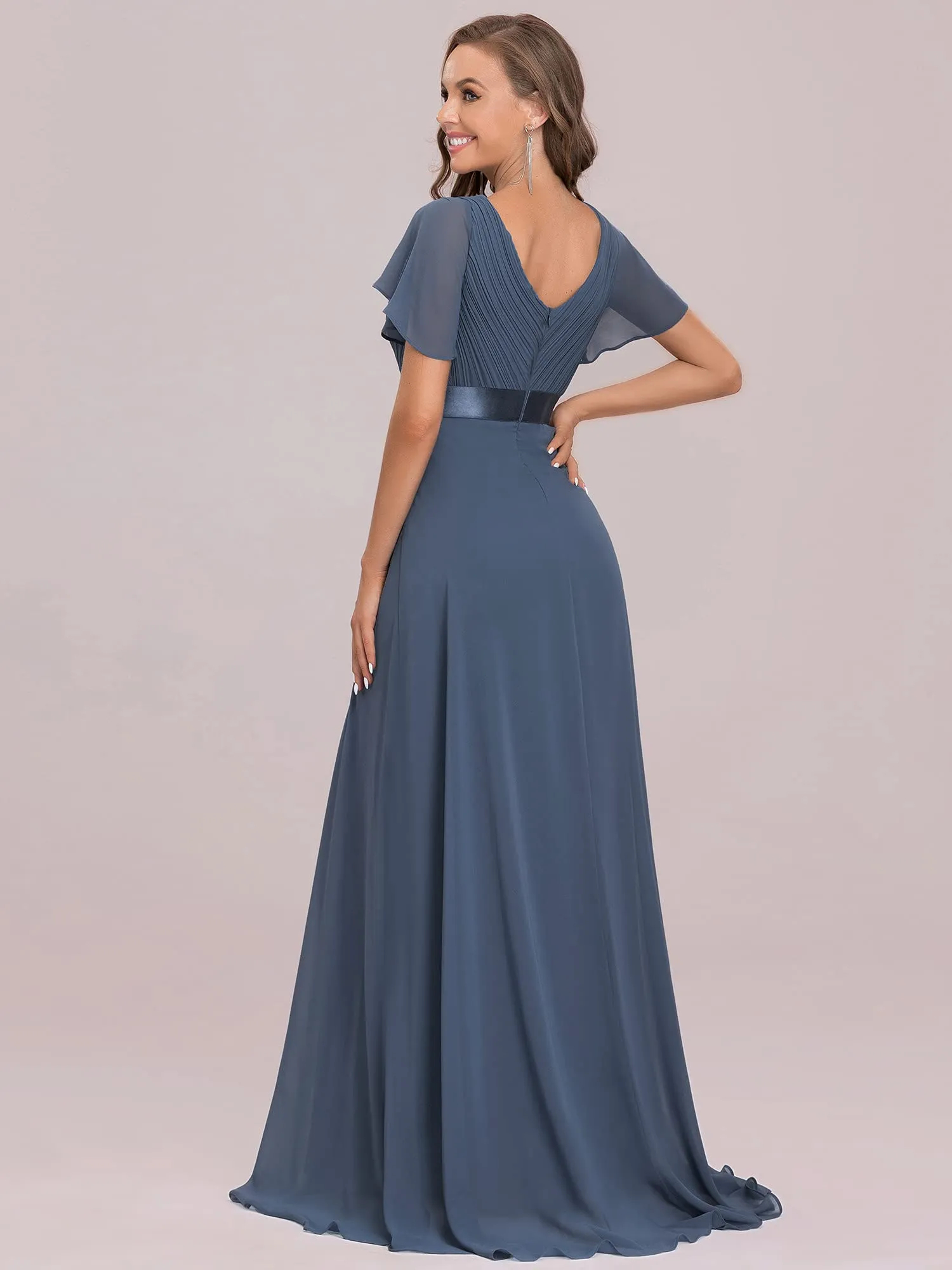 Came Brown Ladies Double V-Neck Short Flutter Sleeves Empire Waist Elegant Chiffon Long Evening Dresses - Ever-Pretty