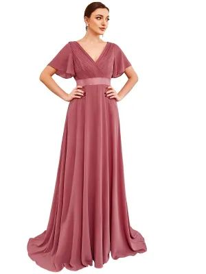 Came Brown Ladies Double V-Neck Short Flutter Sleeves Empire Waist Elegant Chiffon Long Evening Dresses - Ever-Pretty