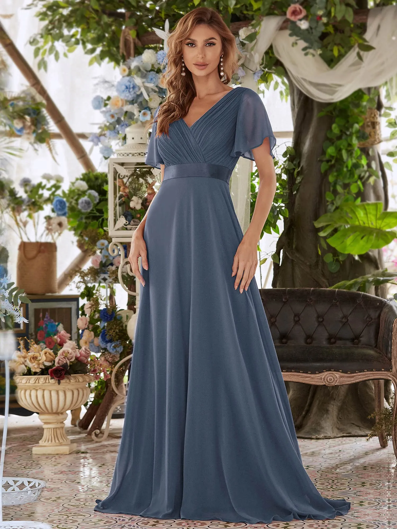 Came Brown Ladies Double V-Neck Short Flutter Sleeves Empire Waist Elegant Chiffon Long Evening Dresses - Ever-Pretty
