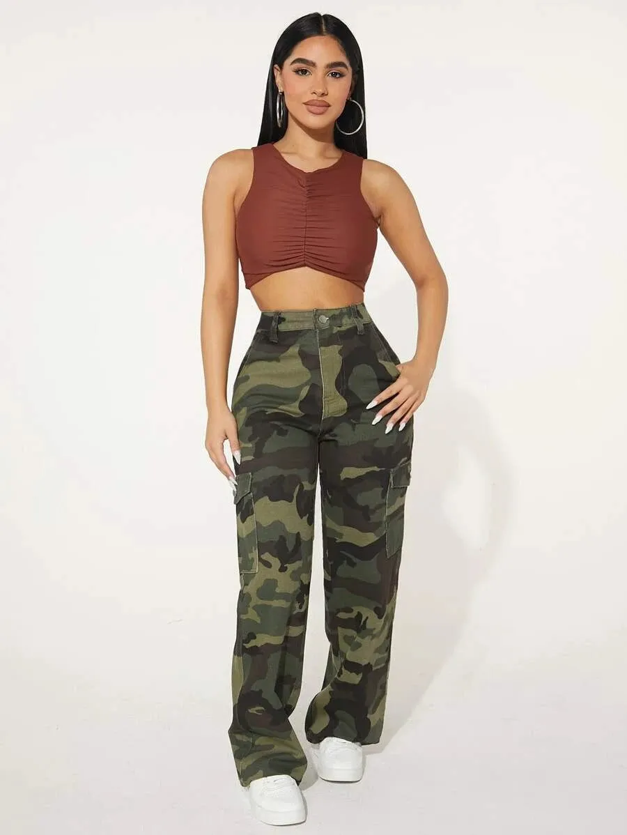 Camo Print Pocket Easy Wear Cargo Jeans